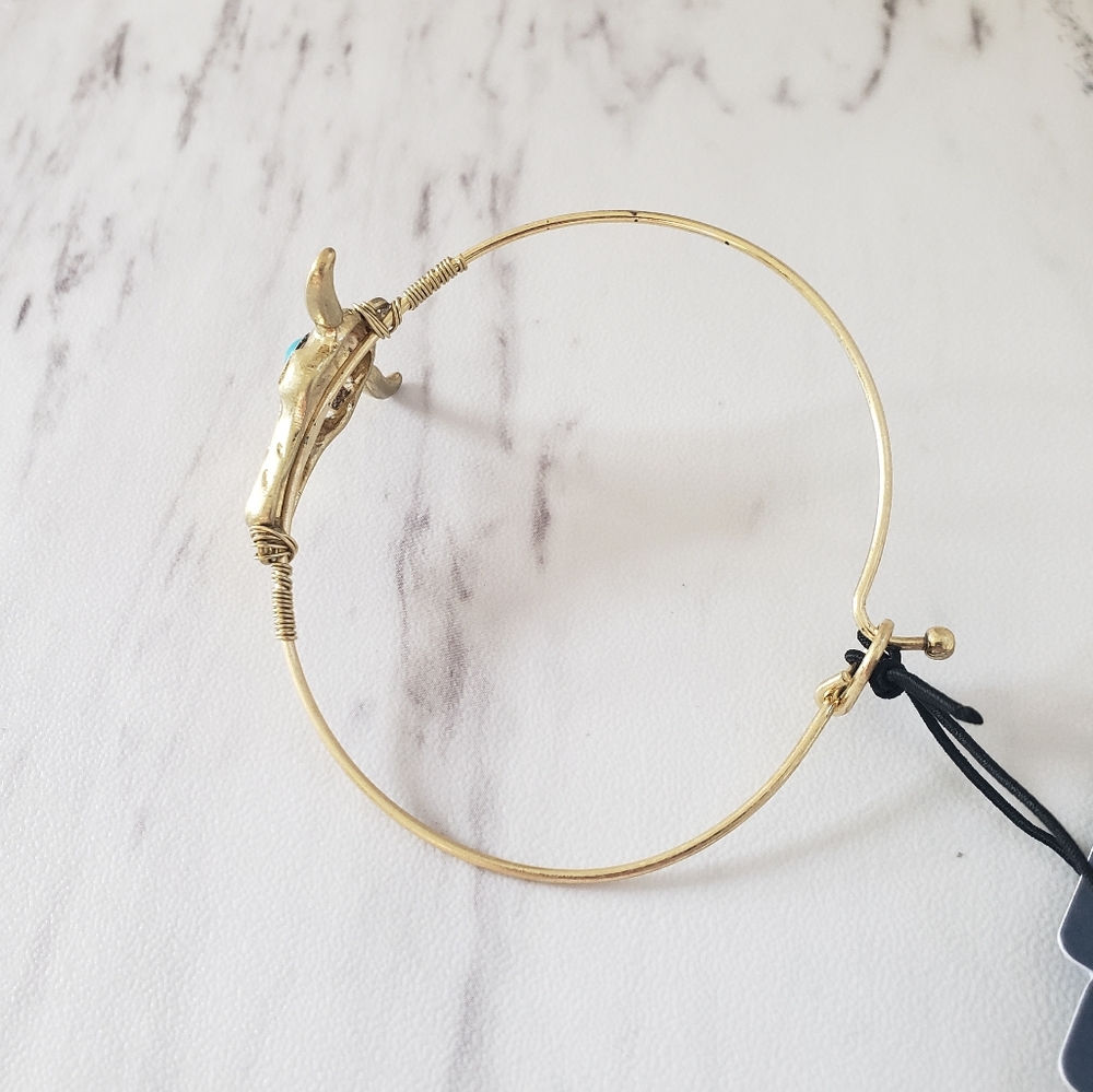 Goldtone and Turquoise Bead Steer Skull Bangle - Picture 4 of 7